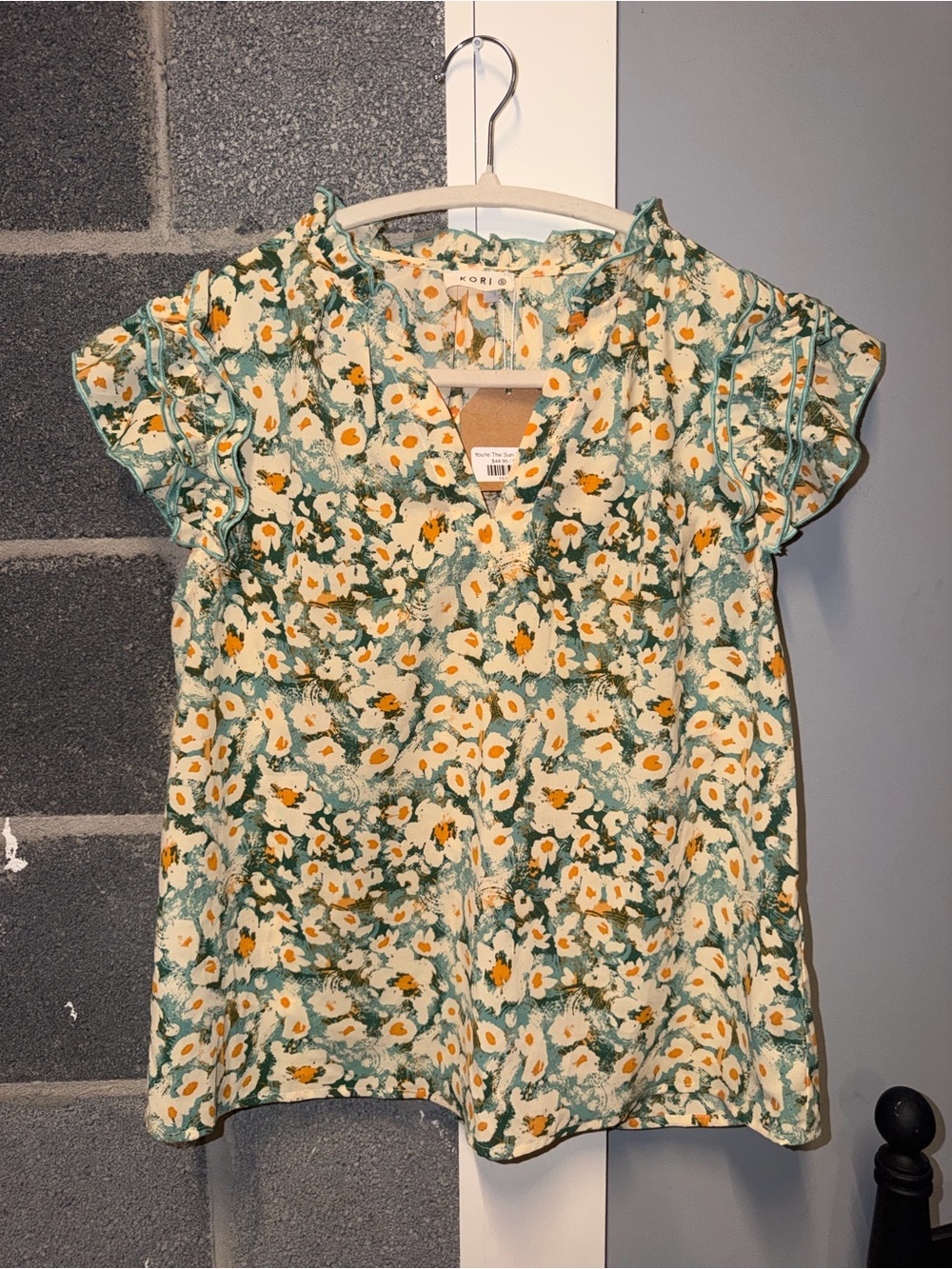 (3)-Kori Cream and Green Floral Ruffle V-Neck Blouse